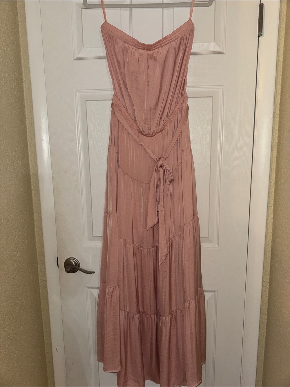 Blush Pink Strapless Tiered Maxi Dress with Tie Waist